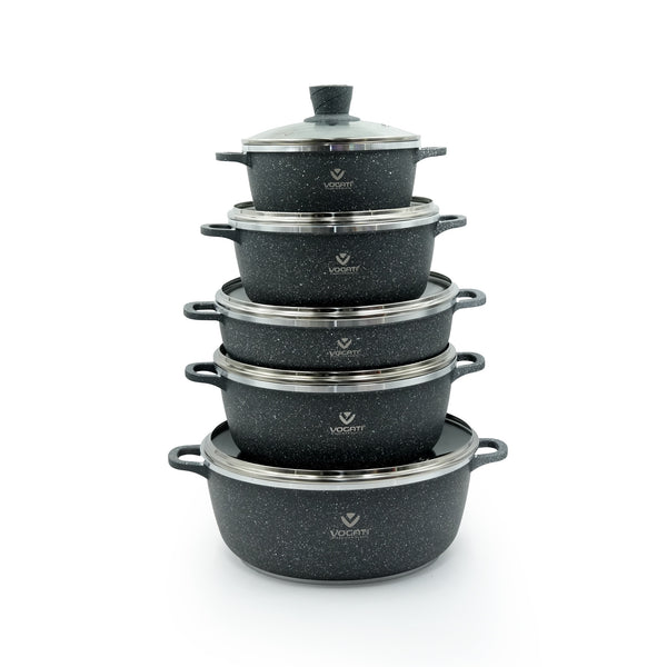 CSG-2SET Cookware Set 10-Piece – Premium Black Speckled Granite Finish – Non-Stick Casserole Pots with Tempered Glass Lids for Everyday Cooking