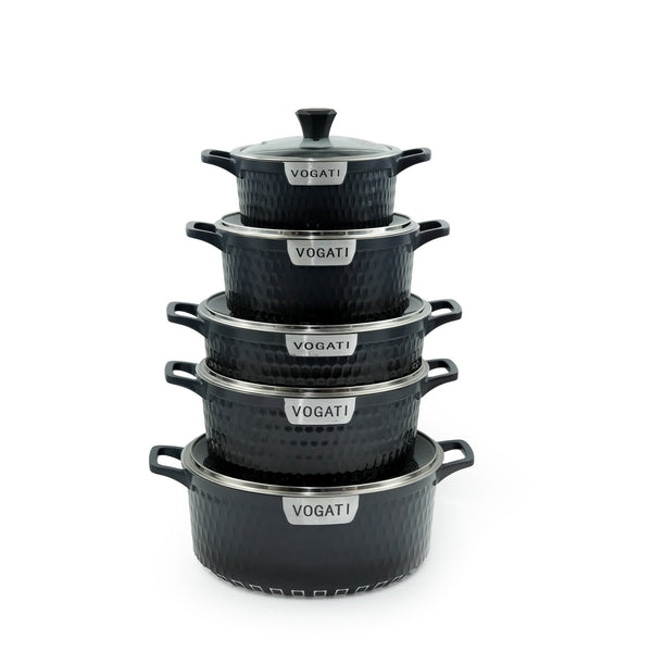 DMO Cookware Set 10-Piece – Textured Black Finish – Non-Stick Durable Casserole Pots with Tempered Glass Lids for Stylish Modern Kitchens