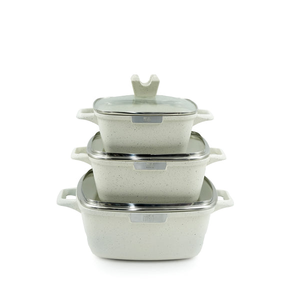 92482-04 Cookware Set 6-Piece – Elegant White Speckled Granite Finish – Non-Stick Rectangular Casserole Pots with Tempered Glass Lids for Stylish Kitchens
