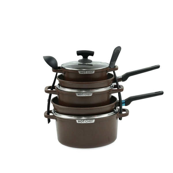 92483-04 HOTCHEF Cookware Set 10-Piece – Rich Brown Non-Stick Finish – Durable Casseroles, Frying Pans & Utensils with Tempered Glass Lid for Everyday Cooking