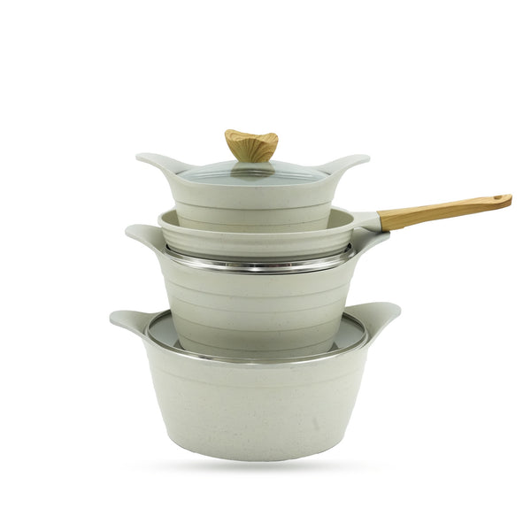 92483-03 Casserole Set 9-Piece with Silicone Ear Caps – Elegant White Granite Finish – Non-Stick Durable Pots and Frying Pan with Wooden-Style Handles and Glass Lids
