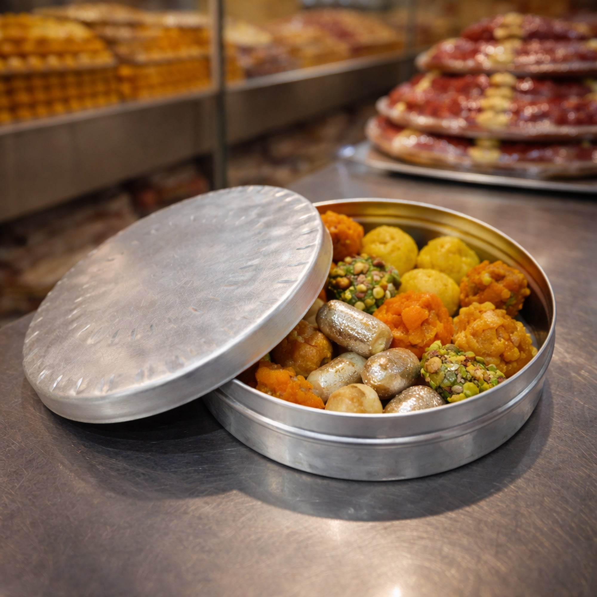 EBFG06-031313 Aluminium Sweets Debba 8 Inch – Round Storage Box for Sweets & Snacks