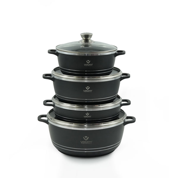 SP-3SET Cookware Set 8-Piece – Elegant Black Finish – Non-Stick Casserole Pots with Glass Lids and Sturdy Handles for Modern Kitchens
