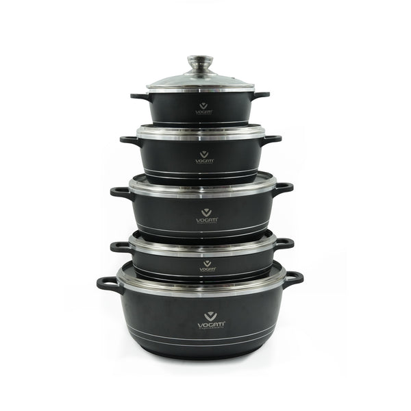 SP-2SET Cookware Set 10-Piece – Elegant Black Finish – Non-Stick Casserole Pots with Tempered Glass Lids and Heat-Resistant Handles for Versatile Daily Cooking