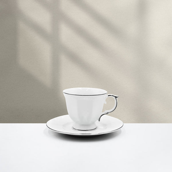 GL-281 Ceramic Coffee Cup & Saucer 6PC Set - White with Silver Rim