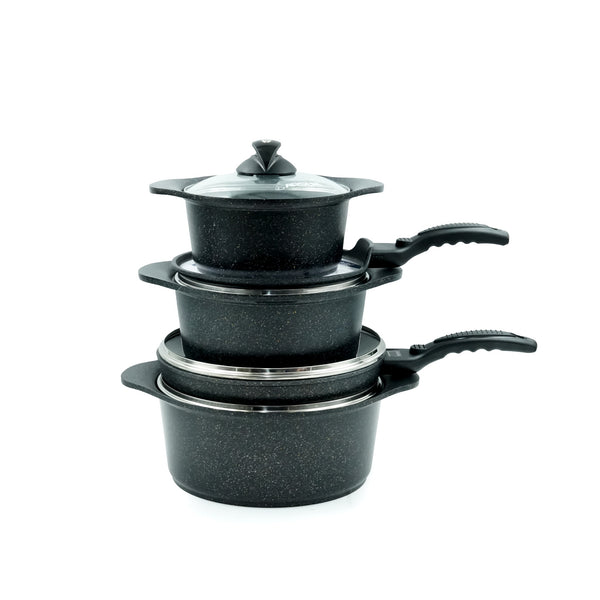 C0360-2450 Granite Cookware Set 9-Piece – Sleek Black Speckled Finish – Non-Stick Pans and Casseroles with Glass Lids and Ergonomic Handles for Effortless Daily Cooking