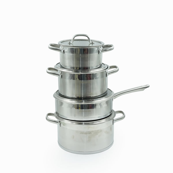 SS014-2767 Cookware Set 8-Piece – Premium Silver Stainless Steel Finish – Durable Casserole Pots and Saucepan with Lids for Efficient and Elegant Everyday Cooking