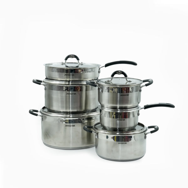 SS478-3319 Stainless Steel Cookware Set 12+4-Piece – Sleek Silver Finish – Durable Cooking Pots and Pans with Heat-Resistant Handles and 4 Lids for Versatile Daily Use