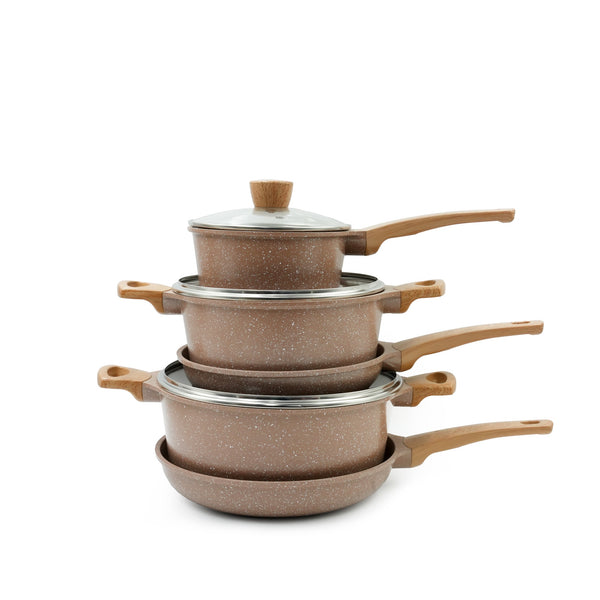 92483-05 Cookware Set 10-Piece – Elegant Brown Granite Finish – Non-Stick Casseroles and Fry Pans with Wooden-Style Handles and Tempered Glass Lids for Modern Cooking