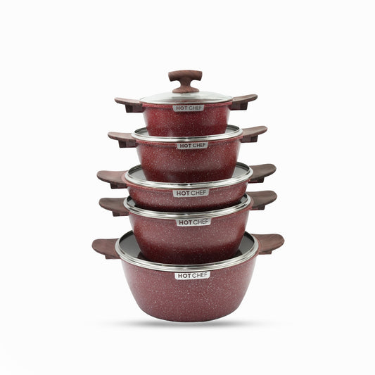 IE-57091-P HotChef Cookware Set 10-Piece – Elegant Red Granite Finish – Non-Stick Casseroles and Shallow Pan with Wood-Style Handles and Tempered Glass Lids for Everyday Cooking