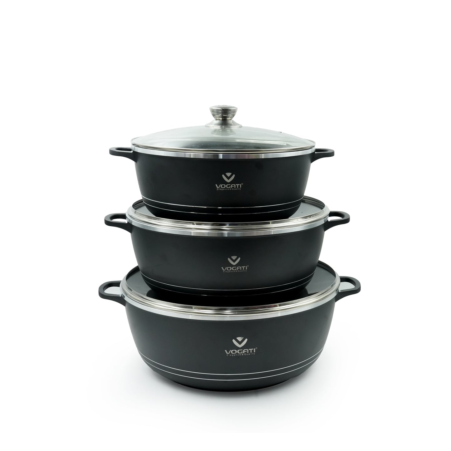 SP-1SET-1 Vogati Cookware Set 6-Piece – Premium Black Non-Stick Casserole Pots with Tempered Glass Lids – Durable and Stylish Cookware for Everyday Use