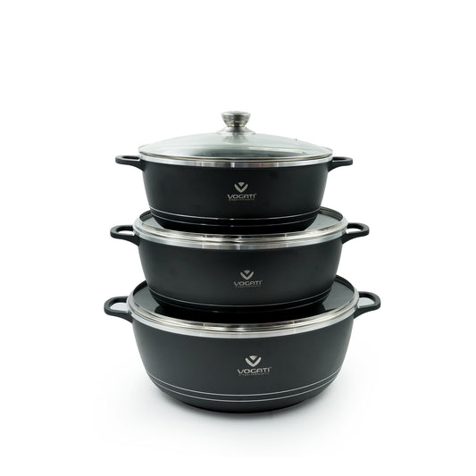 SP-1SET-1 Vogati Cookware Set 6-Piece – Premium Black Non-Stick Casserole Pots with Tempered Glass Lids – Durable and Stylish Cookware for Everyday Use