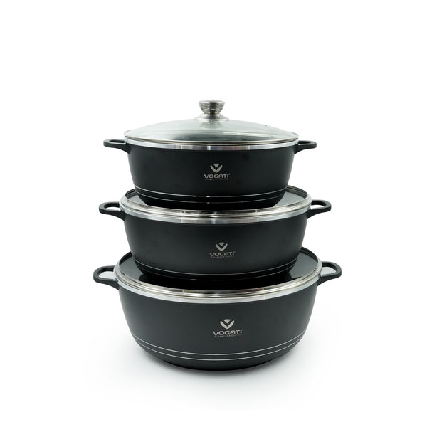SP-1SET-1 Vogati Cookware Set 6-Piece – Premium Black Non-Stick Casserole Pots with Tempered Glass Lids – Durable and Stylish Cookware for Everyday Use