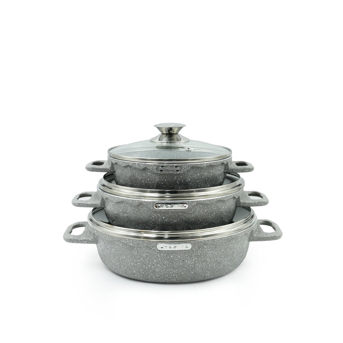 LIFEP7STSHR-6 Gray Granite Coating Cookware Set 6-Piece – Non-Stick Shallow Casserole Pots with Tempered Glass Lids – Elegant Grey Stone Finish for Modern Kitchens