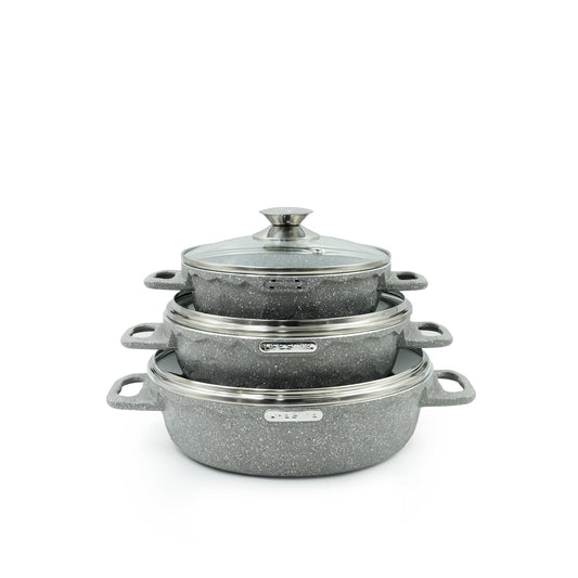 LIFEP7STSHR-6 Gray Granite Coating Cookware Set 6-Piece – Non-Stick Shallow Casserole Pots with Tempered Glass Lids – Elegant Grey Stone Finish for Modern Kitchens