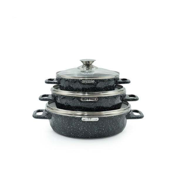 LIFEP7STSHR-6 Black Granite Coating Cookware Set 6-Piece – Non-Stick Shallow Casserole Pots with Tempered Glass Lids – Elegant Black Stone Finish for Stylish and Healthy Cooking