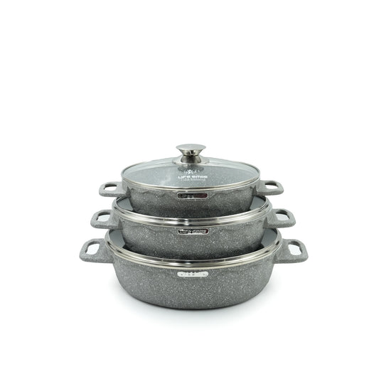 LIFEP7STSHR-6-3 Gray Granite Coating Cookware Set 6-Piece – Non-Stick Shallow Casserole Pots with Tempered Glass Lids – Stylish Grey Stone Finish for Everyday Cooking