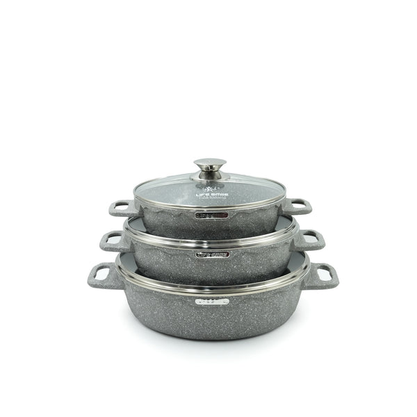 LIFEP7STSHR-6-3 Gray Granite Coating Cookware Set 6-Piece – Non-Stick Shallow Casserole Pots with Tempered Glass Lids – Stylish Grey Stone Finish for Everyday Cooking