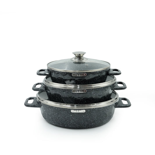 LIFEP7STSHR-6-3 Black Granite Coating Cookware Set 6-Piece – Non-Stick Shallow Casserole Pots with Tempered Glass Lids – Elegant Black Stone Finish for Daily Cooking