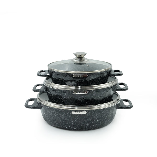 LIFEP7STSHR-6-3 Black Granite Coating Cookware Set 6-Piece – Non-Stick Shallow Casserole Pots with Tempered Glass Lids – Elegant Black Stone Finish for Daily Cooking
