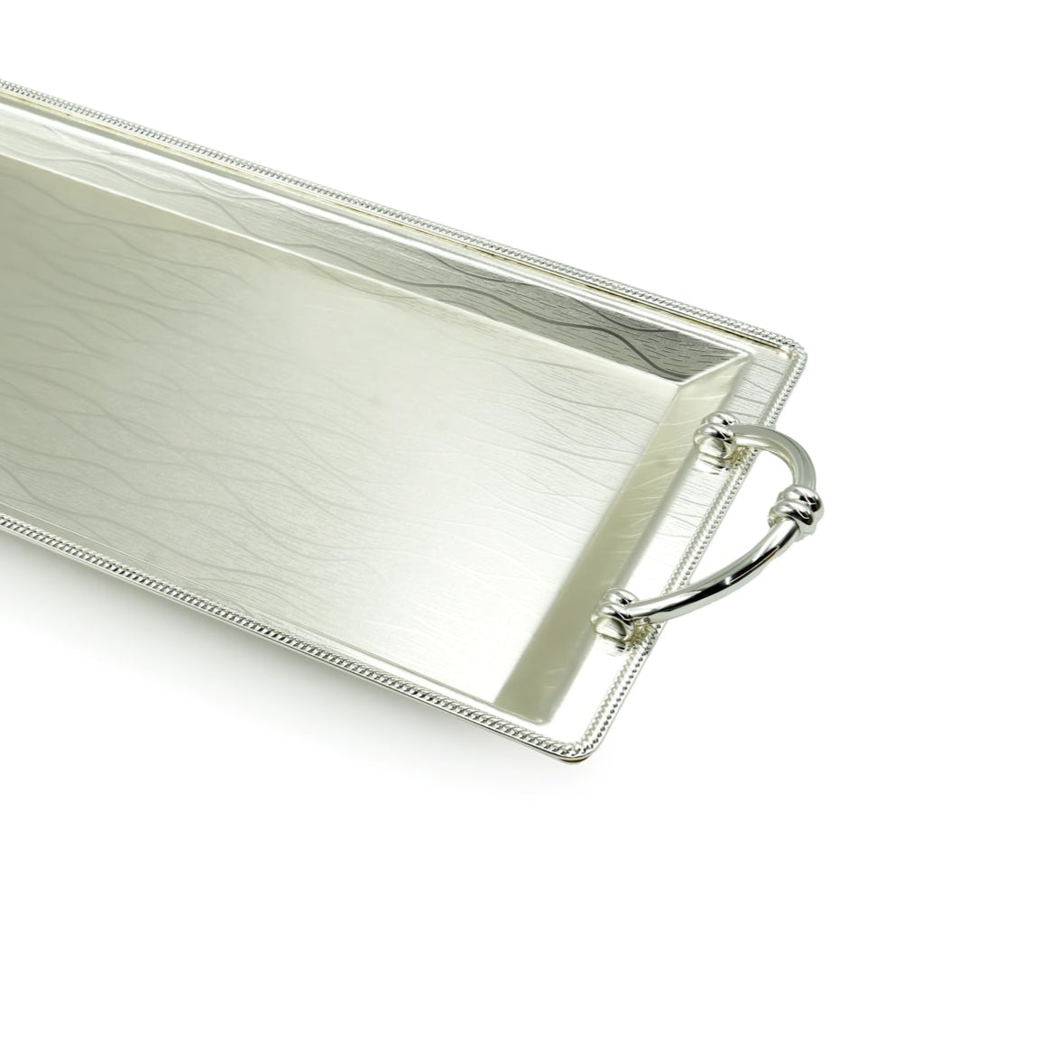 AMS-TW-2354 Rectangle Tray Silver – 3.5cm (H) × 26cm (L) × 58cm (W) – Elegant Silver-Finish Serving Tray with Handles for Sweets, Drinks, and Decorative Use