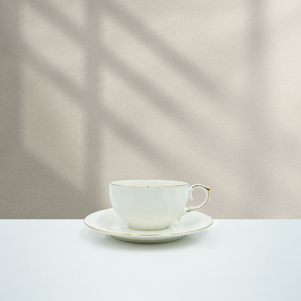 GL-254 Ceramic Coffee Cup & Saucer 6PC Set - White with Gold Rim
