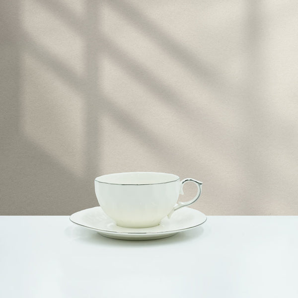 GL-266 Ceramic Coffee Cup & Saucer 6PC Set - White with Silver Rim