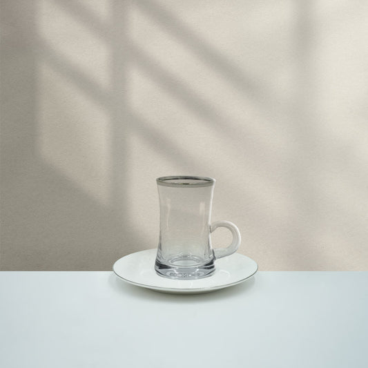 GL-275 Tea Cup & Saucer 6PC Set - White with Silver Rim