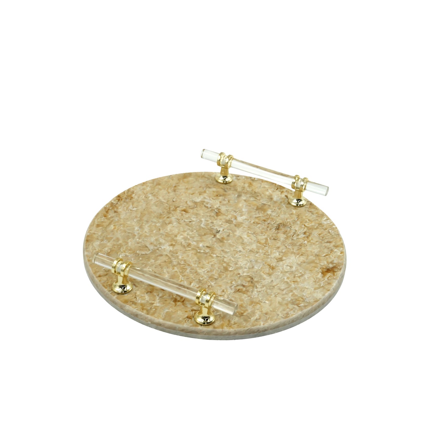 EA-COR004S Marble Round Tray – 29cm Diameter – Elegant Beige Marble Tray with Transparent Gold Handles for Serving or Decor