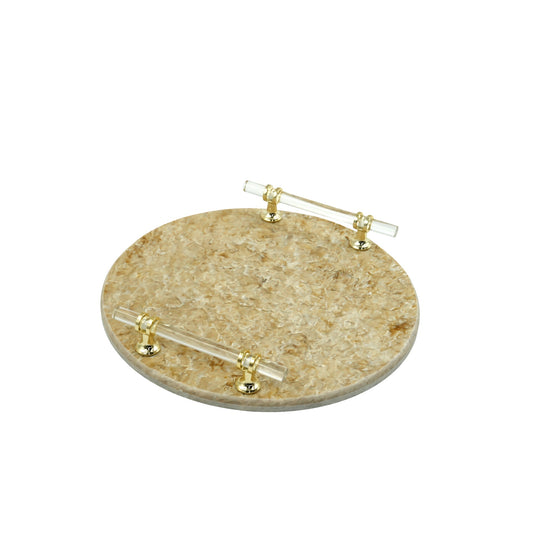 EA-COR004S Marble Round Tray – 29cm Diameter – Elegant Beige Marble Tray with Transparent Gold Handles for Serving or Decor