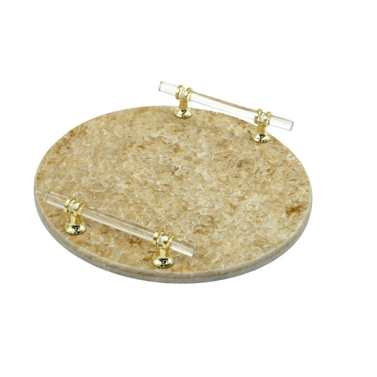 EA-COR004M Marble Round Tray – 29cm Diameter – Luxurious Beige Marble Serving Tray with Golden Handles for Elegant Display or Hosting