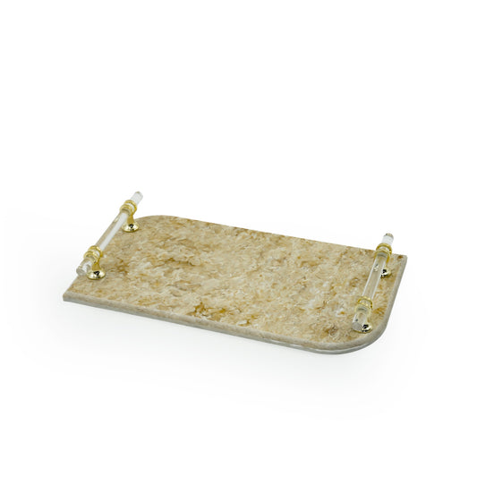 EA-COR003S Marble Tray with Golden Handles – 35cm (L) × 18cm (W) – Classic Beige Rectangular Marble Serving Tray for Home Decor and Gifting