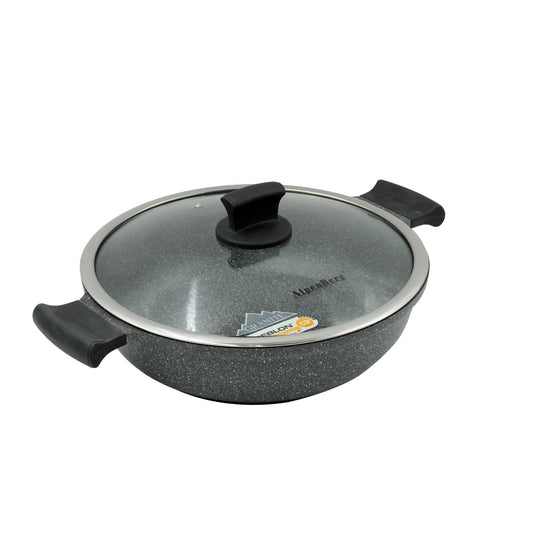 GV-264 Shallow Pot – 32cm Large Non-Stick Granite Finish with Glass Lid – Wide and Durable Cookware for Frying, Braising, and Family Meals