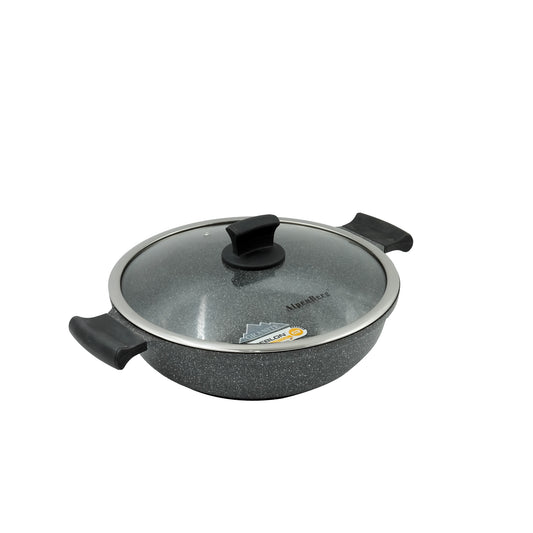 GV-263 Shallow Pot – 28cm Non-Stick Granite Finish with Glass Lid – Wide Low-Profile Cookware for Frying, Braising, and Everyday Cooking