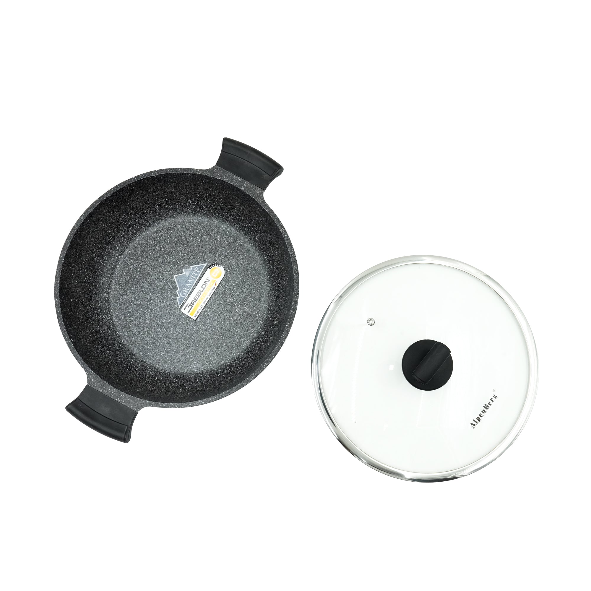 GV-264 Shallow Pot – 32cm Large Non-Stick Granite Finish with Glass Lid – Wide and Durable Cookware for Frying, Braising, and Family Meals