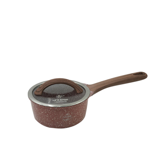 LIFEP5SAU16N Sauce Pan – 16cm Burgundy Non-Stick Granite Finish with Glass Lid and Wood-Style Handle – Compact Cookware for Sauces, Heating, and Daily Use