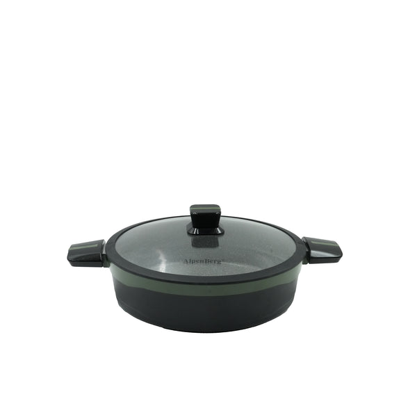 KC-62 Low Casserole – 28cm Green Granite Non-Stick Casserole with Glass Lid – Wide and Durable Cooking Pot for Daily Use