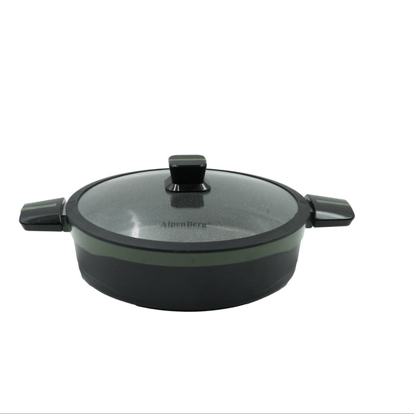 KC-79 Low Casserole – 34cm Green Granite Non-Stick Casserole with Glass Lid – Extra-Large Shallow Cookware for Family Meals and Entertaining