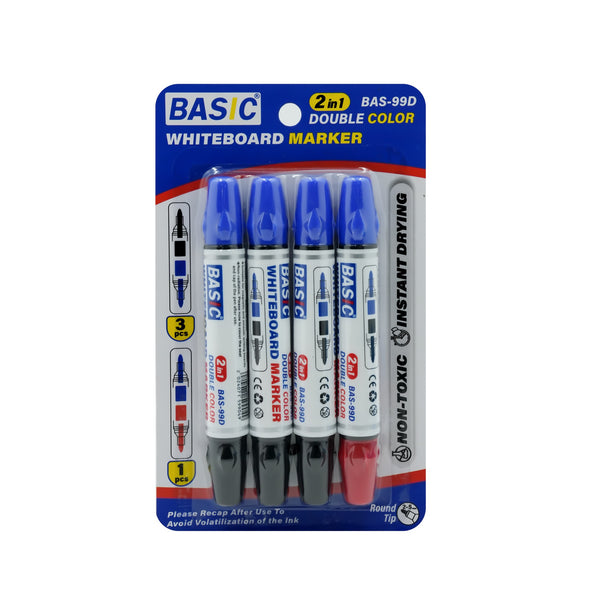 BAS-99D Basic Whiteboard Double Colour Marker – 4 Pieces  – Assorted Colours