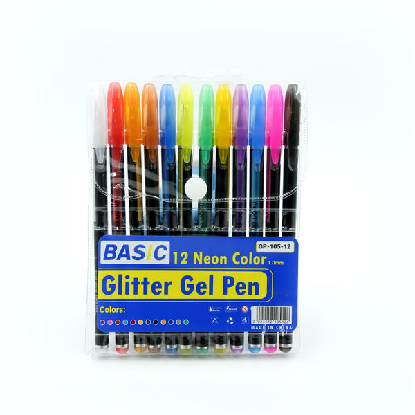 GP-105-12 Basic Glitter Neon Gel Pen – 12 Pieces – 1.0mm Tip – Assorted Colours
