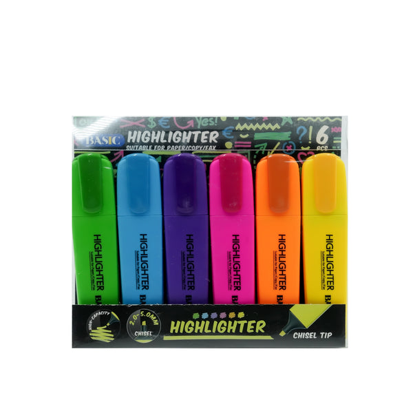 HL-303-6 Basic Highlighter Set – 6 Pieces – Assorted Colours – Chisel Tip