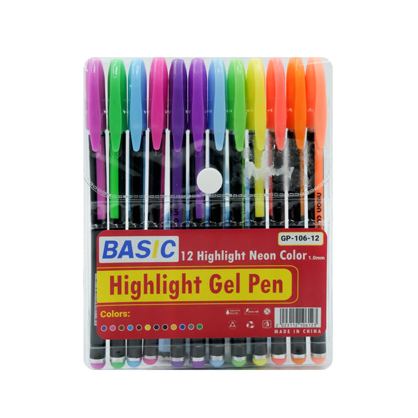 GP-106-12 Basic Highlight Gel Pen – 12 Pieces – 1.0mm Tip – Assorted Neon Colours