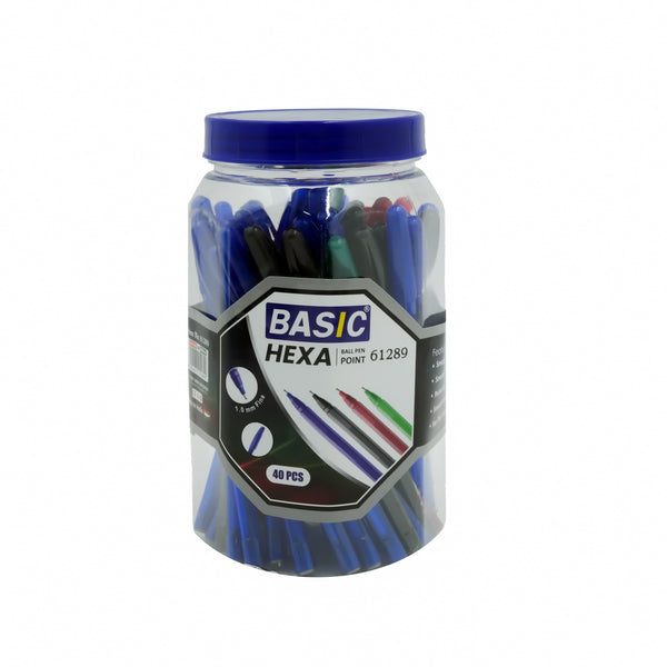 61289 Basic Hexa Ball Pen – 40 Pieces – Assorted Colors – 1.0mm Tip