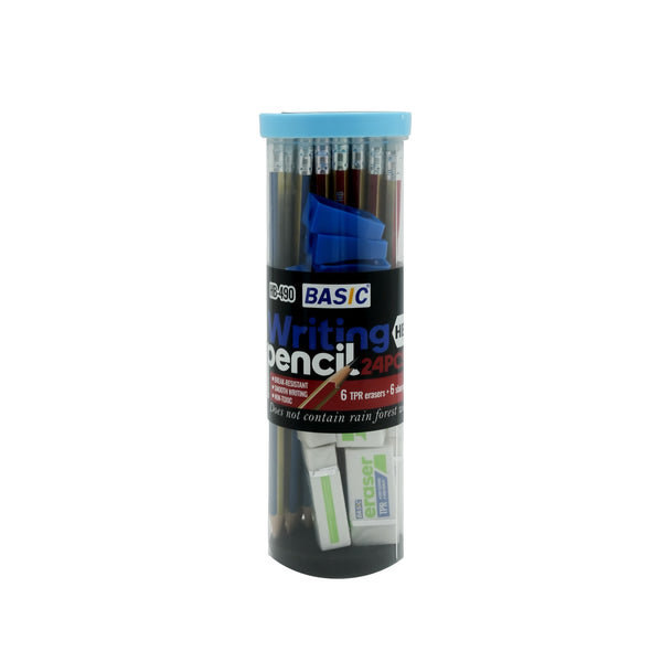 HB-490 Basic Writing Pencil Set – 24 Pieces with 6 Sharpeners & 6 Erasers – HB