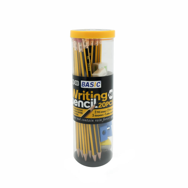 HB-488 Basic HB Writing Pencil Set – 20 Pieces with 2 Erasers & 3 Sharpeners