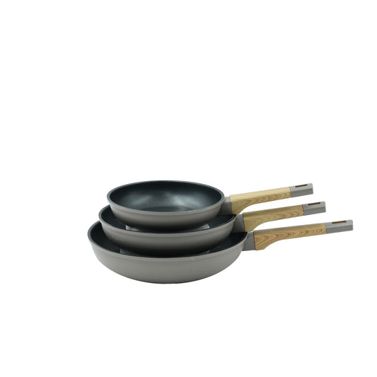 793-2/6014 Baroli Frypan Set – 3-Piece Non-Stick Aluminum Frying Pans with Wood-Style Handles