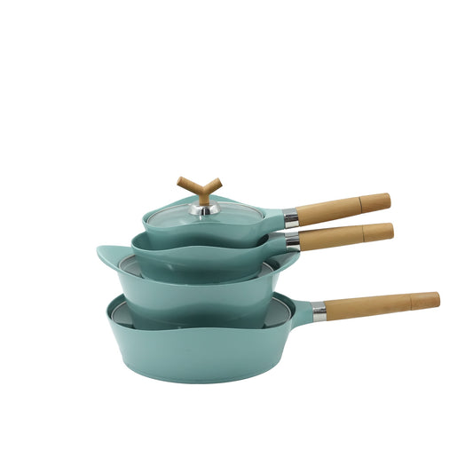 92482-01 Cookware Set – 15-Piece Non-Stick Aluminum Cookware with Wooden-Style Handles and Glass Lids