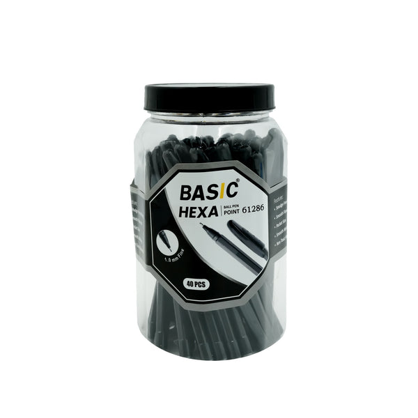 61286 Basic Hexa Ball Pen – 1.0 mm – Black Ink – 40 Pieces – Jar Pack
