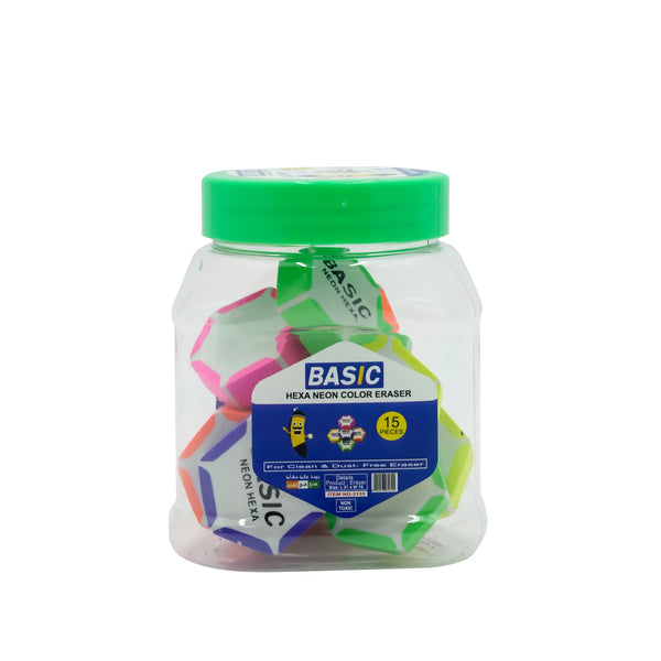 3133 Basic Hexa Neon Colour Eraser – Clean & Dust-Free – 15 Pieces