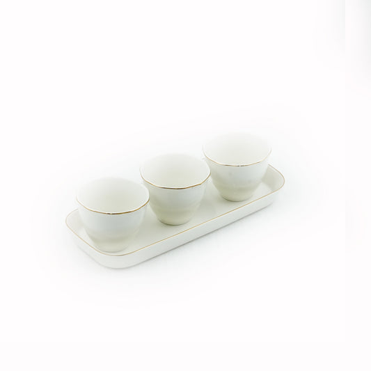 SC3861 3-Piece Bowl Set with Tray & Gold Line – Elegant White Porcelain with Gold Rim Design